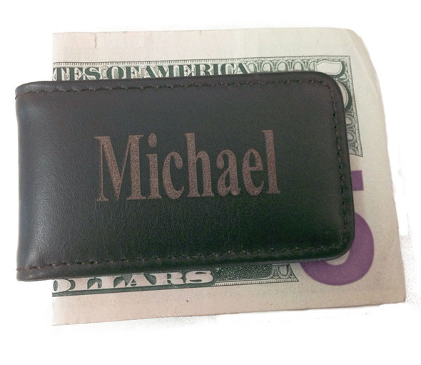 Personalized Genuine Brown Leather Magnetic Money Clip